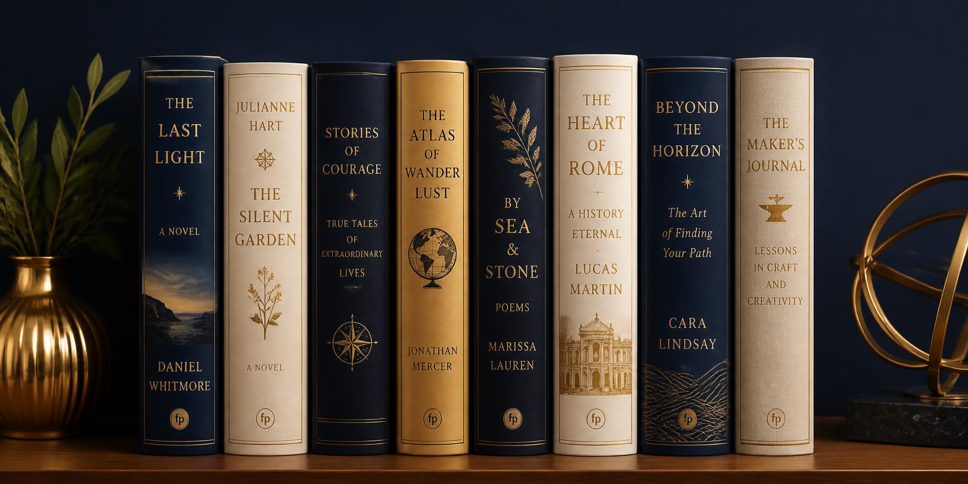 Shelf of premium hardcover books with navy, cream and gold spines