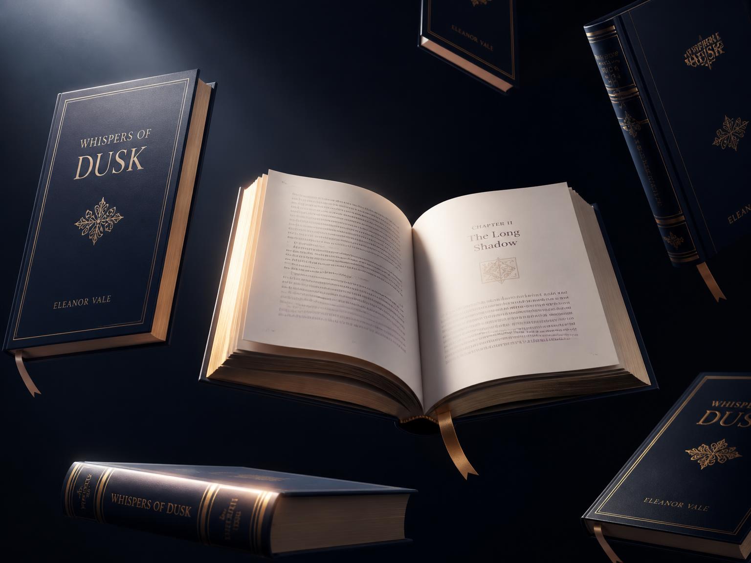 Hardcover books and an open book lit by warm golden light in a navy studio