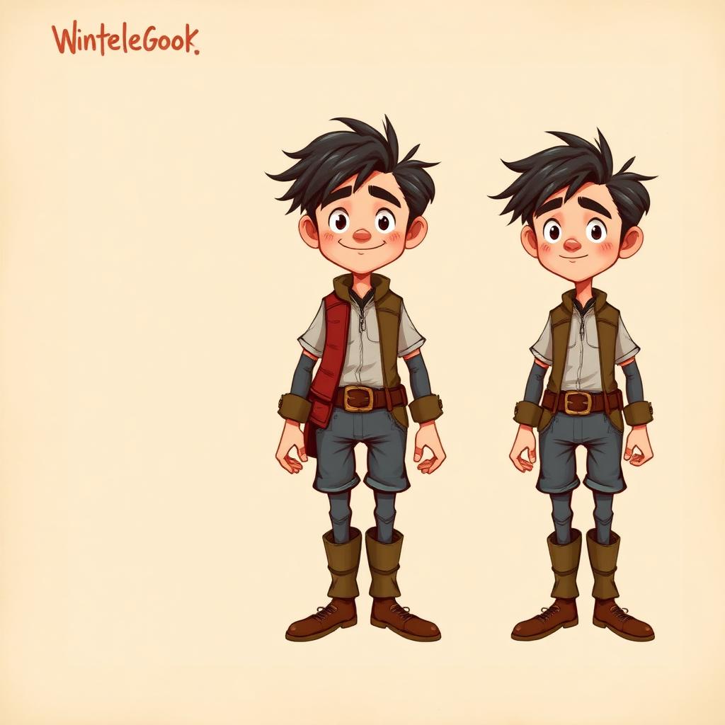 Illustrated character design sheet showing a young protagonist in two poses