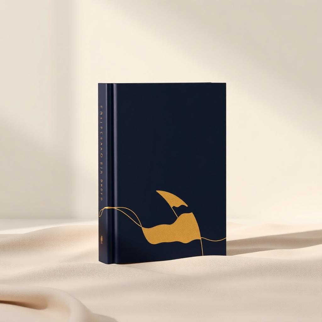 Navy hardcover literary novel with a minimal gold cover illustration standing on cream fabric