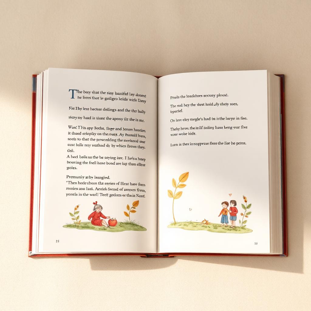 Open illustrated storybook showing a painted spread with hand-drawn figures and plants