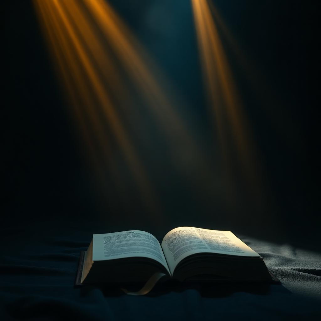 Cinematic still of an open book lit by golden beams of light in a dark studio